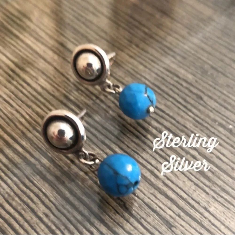 Round Sterling Silver Post w/ Dangling Blue Stone